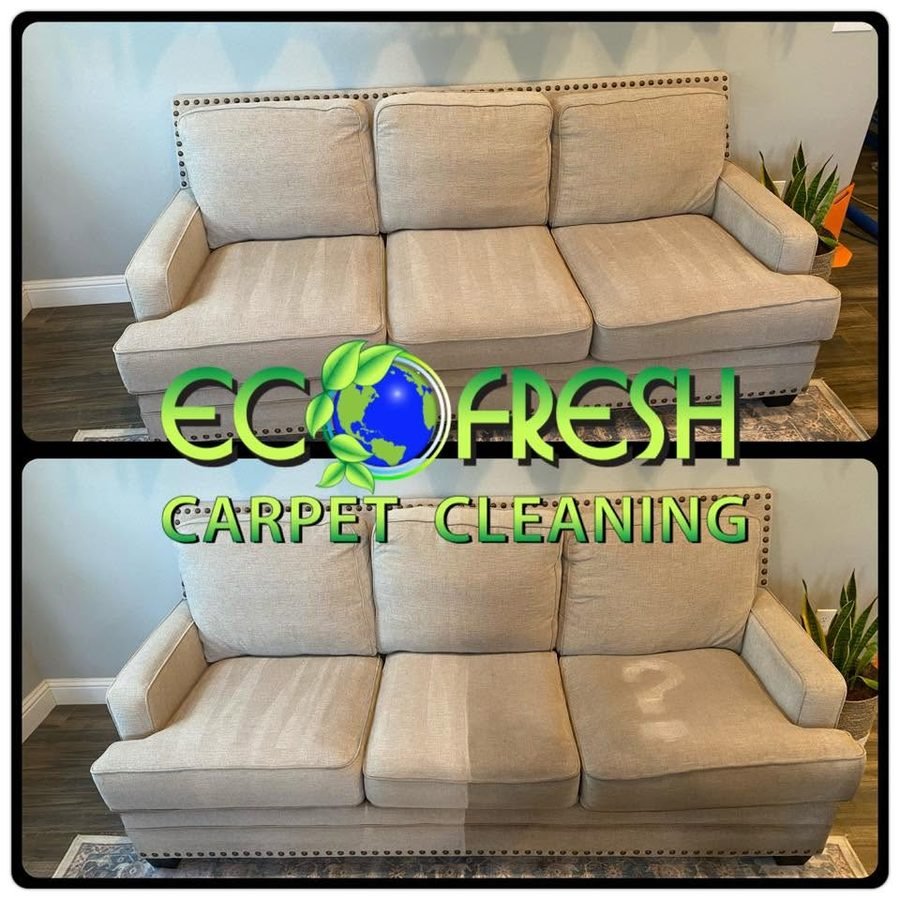 Before and after of a couch cushion cleaned by EcoFresh